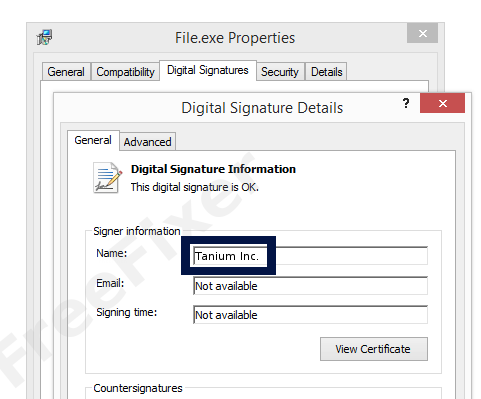 Screenshot of the Tanium Inc. certificate